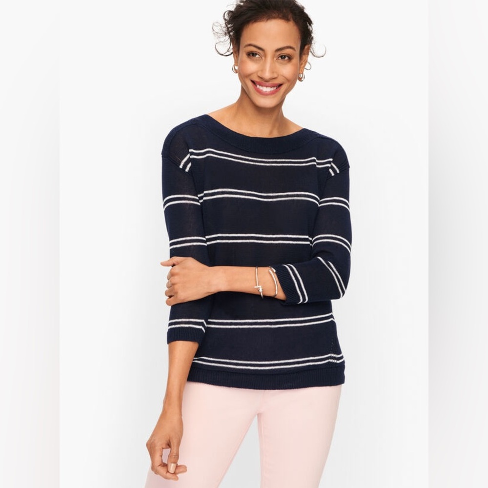 Talbots LINEN BATEAU NECK SWEATER - STRIPE Navy Blue White 1X 100% Linen